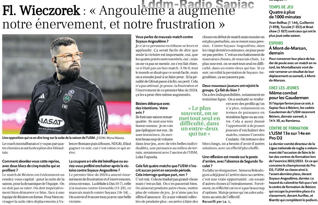 INFOS ce VENDREDI 9 FÉVRIER 2024 (Matinée) > Pro D2 - J19 > Jour de Match à Sapiac ce soir 19H > USM / BÉZIERS > VIDÉO -ACTUS > CONFÉRENCE D'AVANT MATCH > Les COMPOS <> RÉSULTAT > Hier soir > AGEN 31 - 7 PROVENCE RUGBY   6qbjkd