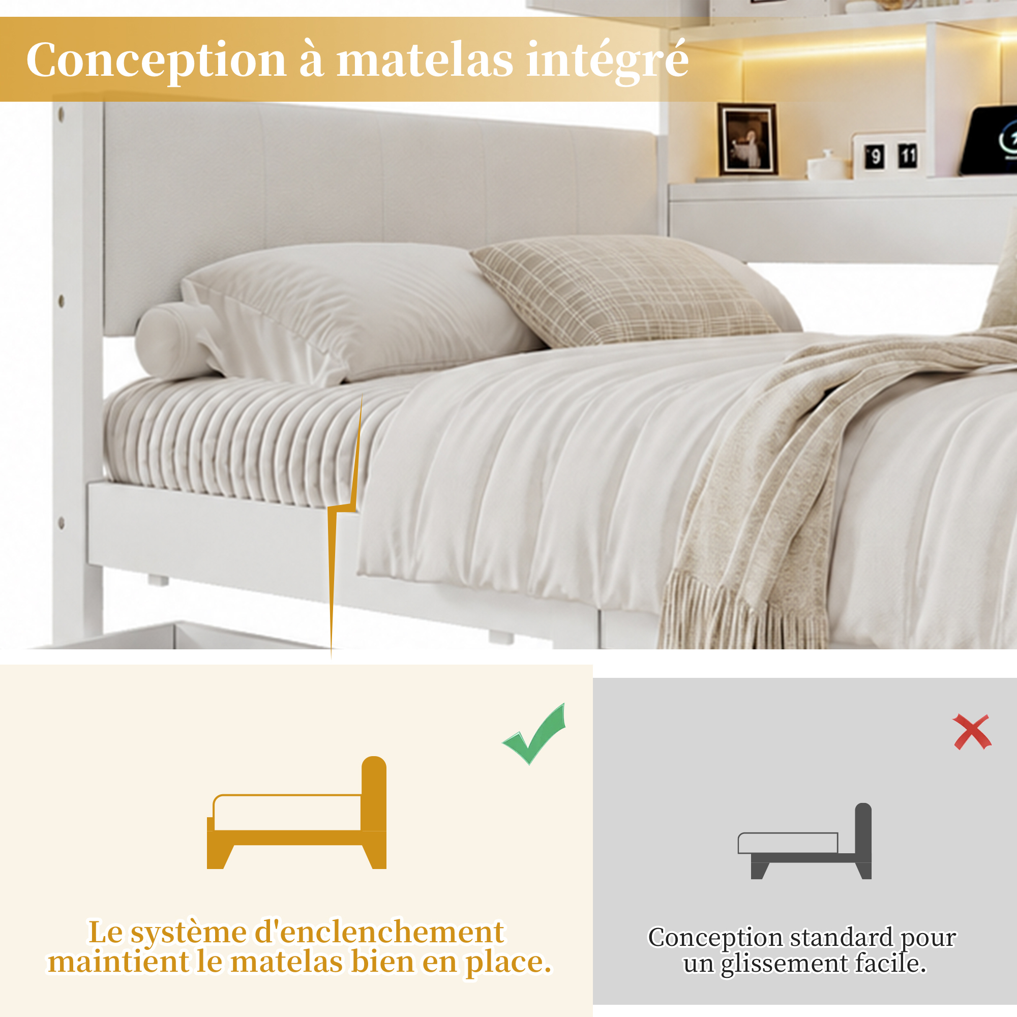 Lit enfant avec conception intégrée pour maintenir le matelas