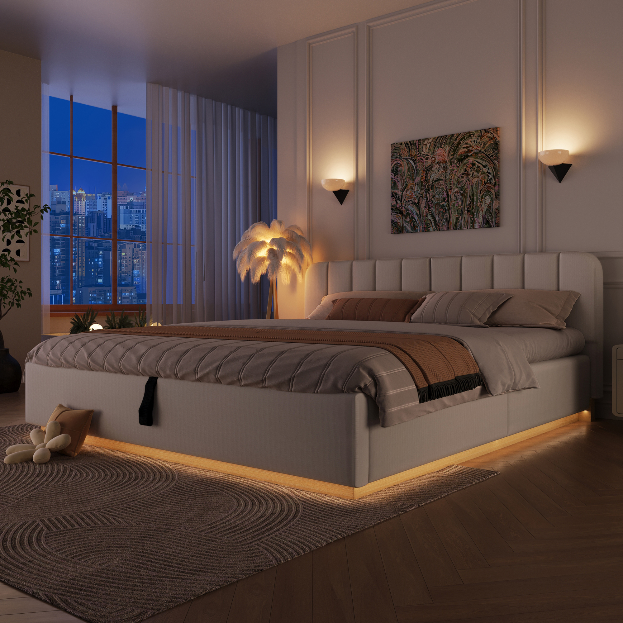 Lit double beige 180 x 200 cm aux lignes arrondies