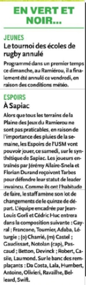 INFOS ce SAMEDI 19 OCTOBRE (Matinée) > Pro D2 - J7 > RÉSULTAT hier soir au stade Georges Pompidou > (Bd) VALENCE ROMANS 31- 32 USM > ACTUS USM <> Les RÉSULTATS > Le CLASSEMENT <> ESPOIRS – J5 > Cet après-midi 15H à Sapiac > USM / TARBES - La COMPO 731i7i