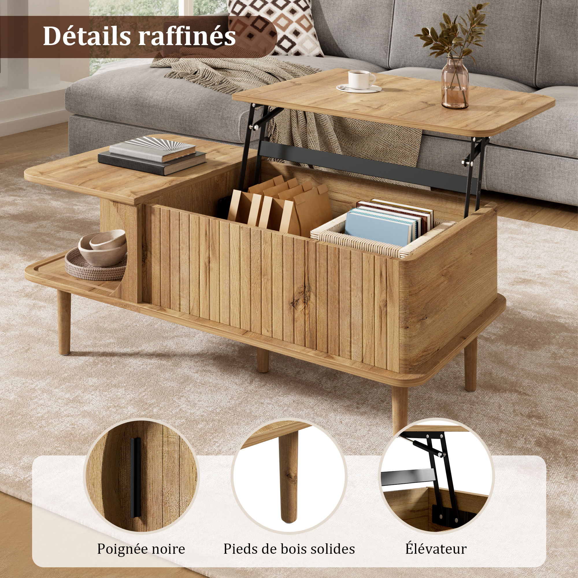Porte coulissante et niche de rangement de la table basse