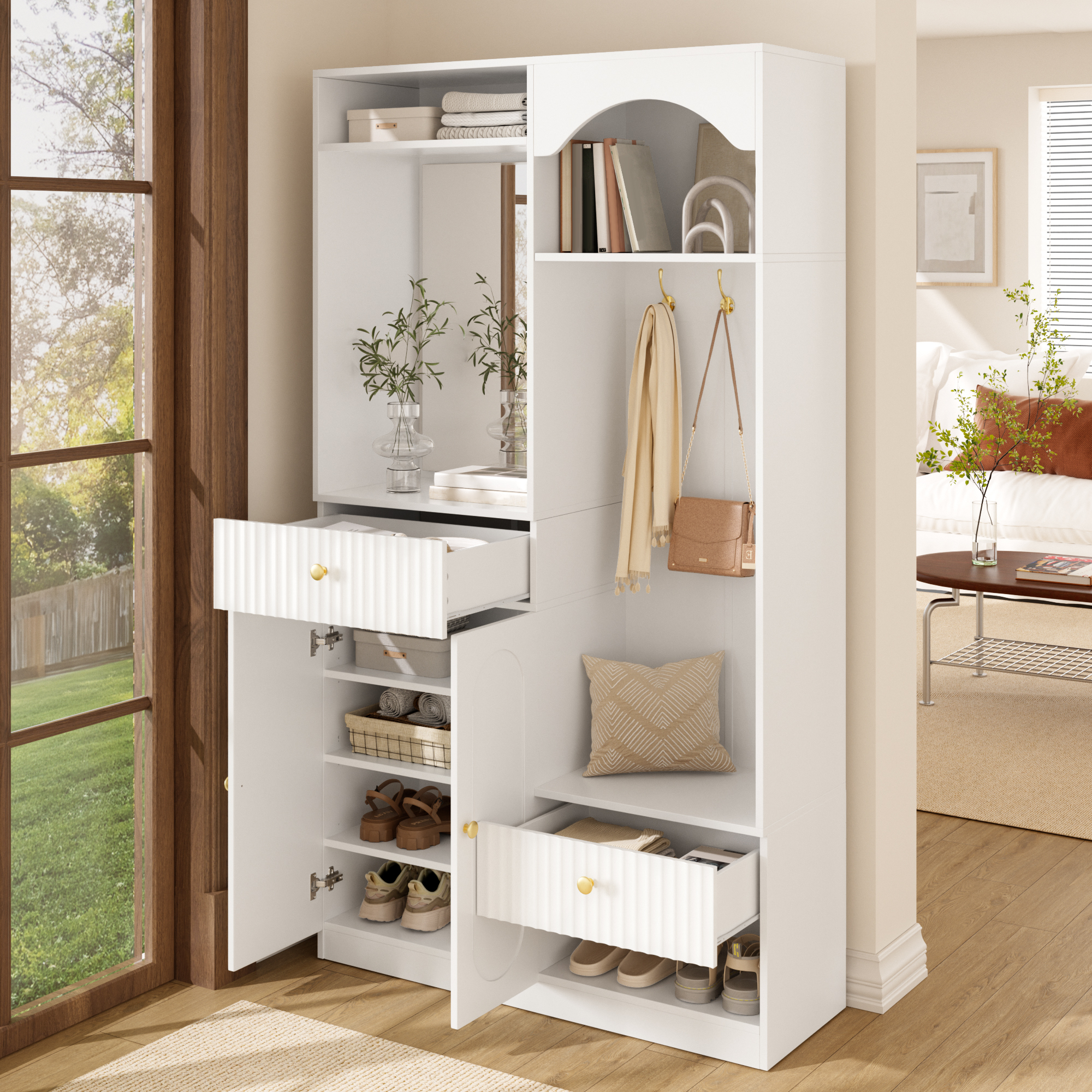 Tiroirs niches et compartiment fermé du meuble d'entrée blanc