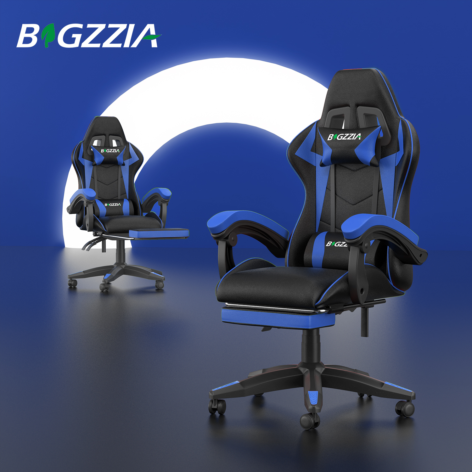 Image of Sedia Gaming con Poggiapiedi Telescopico - RATTANTREE - Sedie da gamer con Cuscino Lombare &amp; Poggiatesta- Schienale Regolabile 90-155° - Blu