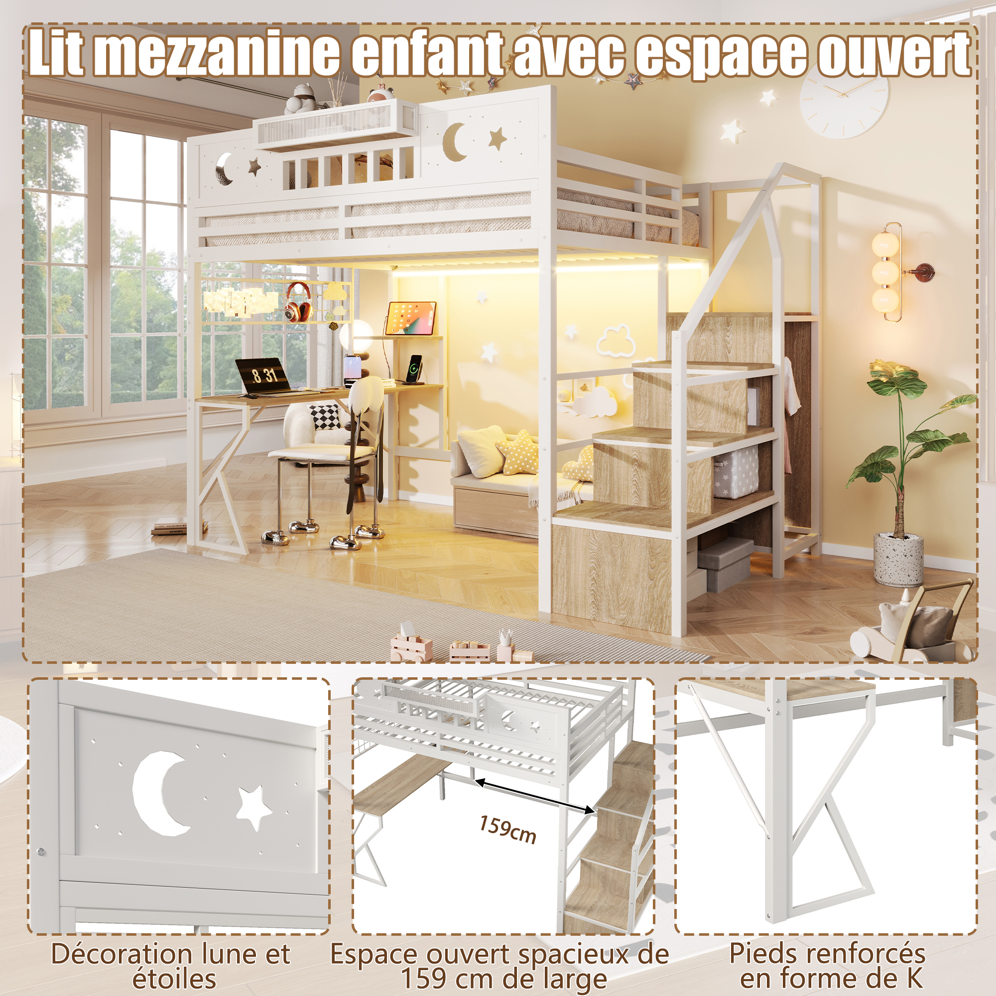 Lit mezzanine blanc 140 x 200 cm avec bureau et rangements