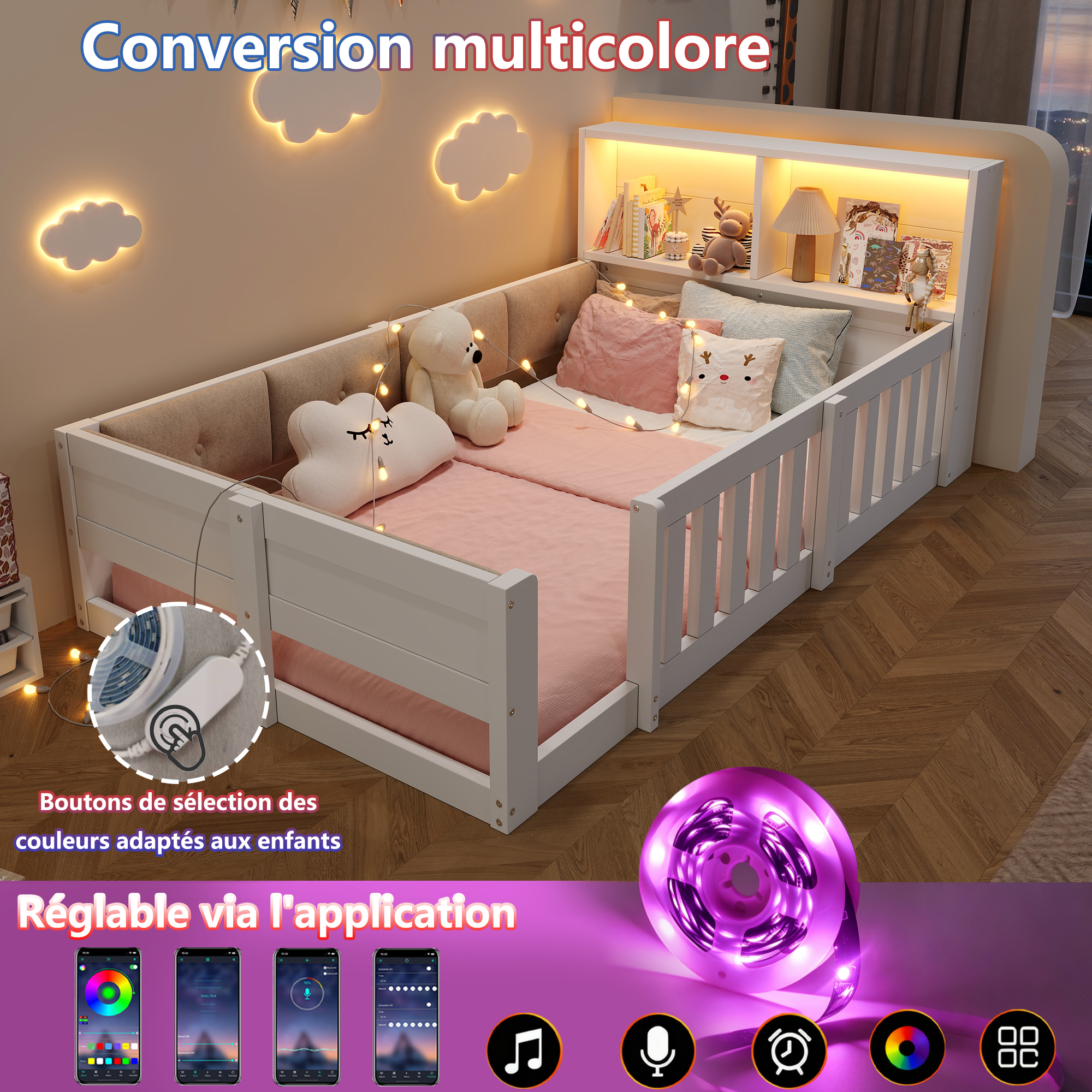 Éclairage LED multicolore intégré au lit enfant