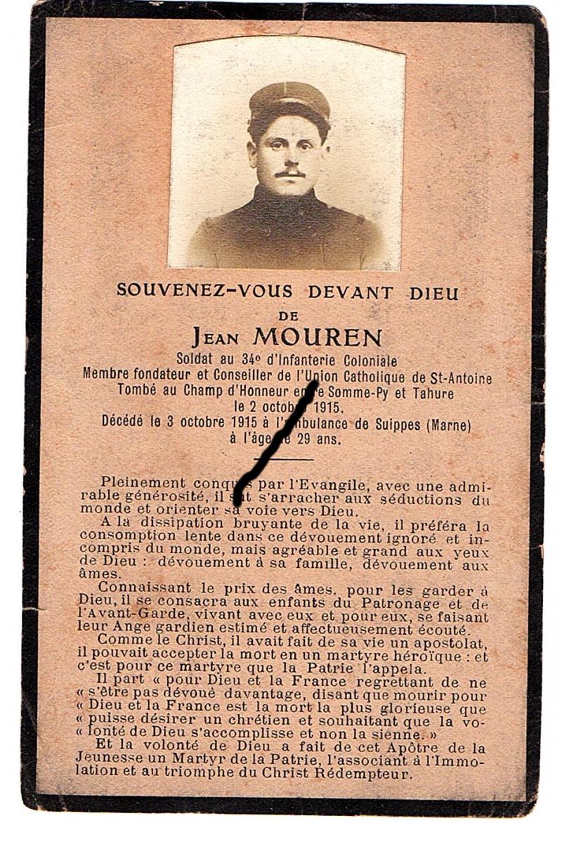 (B) avis de décès d un soldat du 34ème colonial Somme-Py Tahure (vendu) M59qP