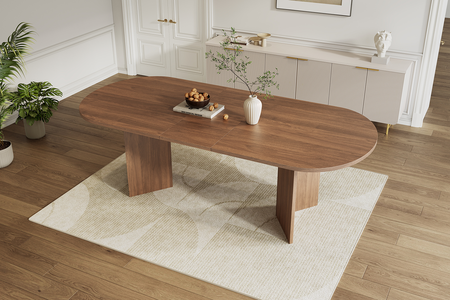 Table de salle à manger extensible finition noyer avec extrémités arrondies