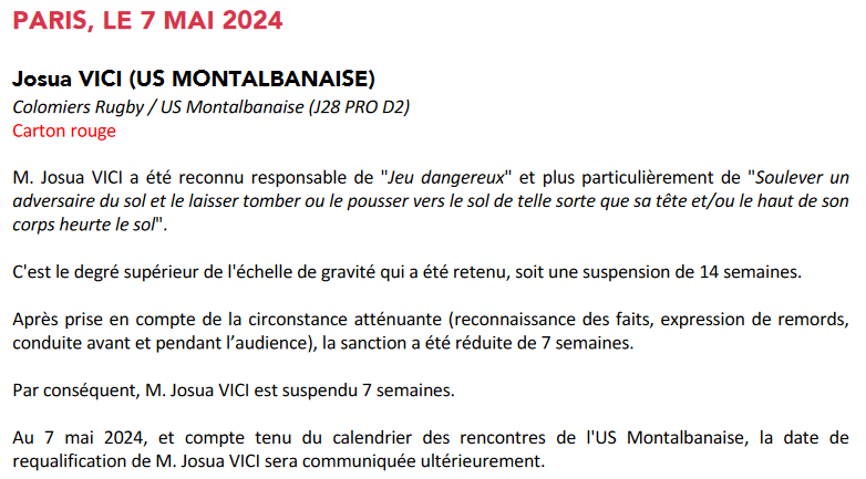 INFOS ce MERCREDI 8 MAI 2024 (Matinée) > Pro D2 - J29 > J -2 du Match > USM / MONT de MARSAN " L'USM condamnée à l'exploit " Vendredi 19H30 Stade de Sapiac – PLACES à 5€ - BILLETTERIE <> Du Côté de Sapiac <> Josua VICI suspendu 7 Matchs <> Feuilleton BO 8dol2m