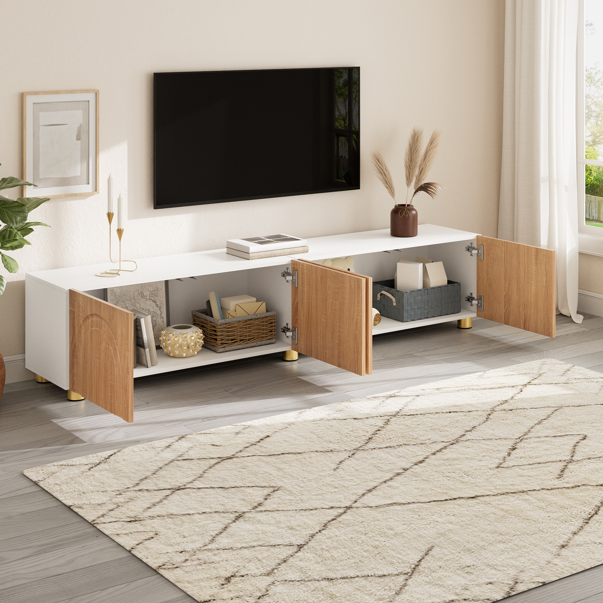 Quatre rangements fermés du meuble TV effet bois naturel