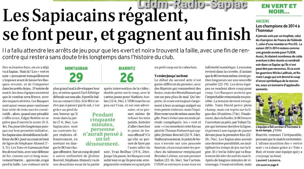 INFOS ce SAMEDI 21 SEPTEMBRE (Matinée) > Pro D2 – J4 - RÉSULTAT > Hier soir à Sapiac > USM 29 - 26 BIARRITZ (Bd) > ACTUS USM <> L'ANALYSE et la FICHE TECHNIQUE du MATCH de RADIO SAPIAC <> Retrouvez Les RÉSULTATS, le CLASSEMENT  8pocnc