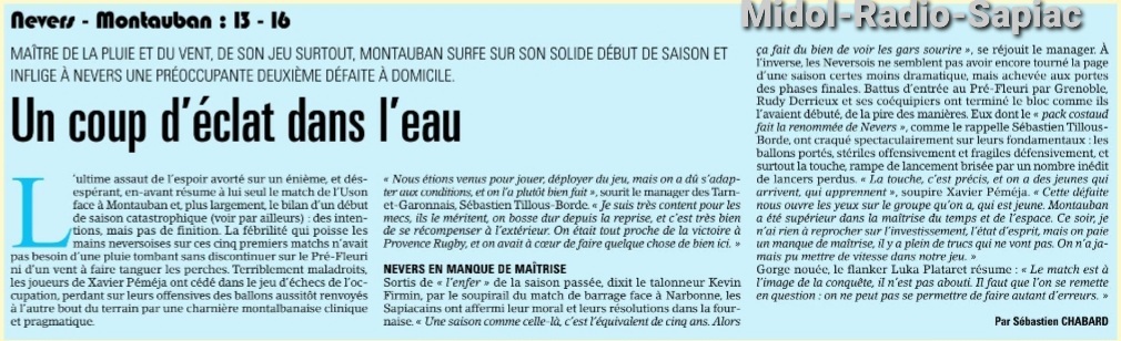 INFOS ce LUNDI 30 SEPTEMBRE (Matinée) > Pro D2 – J5 > RÉSULTAT > Vendredi soir > (Bd) NEVERS 13 - 16 USM <> Le CLASSEMENT <> RÉSULTAT ESPOIRS REICHEL USM J3 > Samedi après-midi au stade de Sapiac > (BO) USM 43 - 23 AIX <> Les RÉSULTATS du RUGBY RÉGIONAL 8qk724