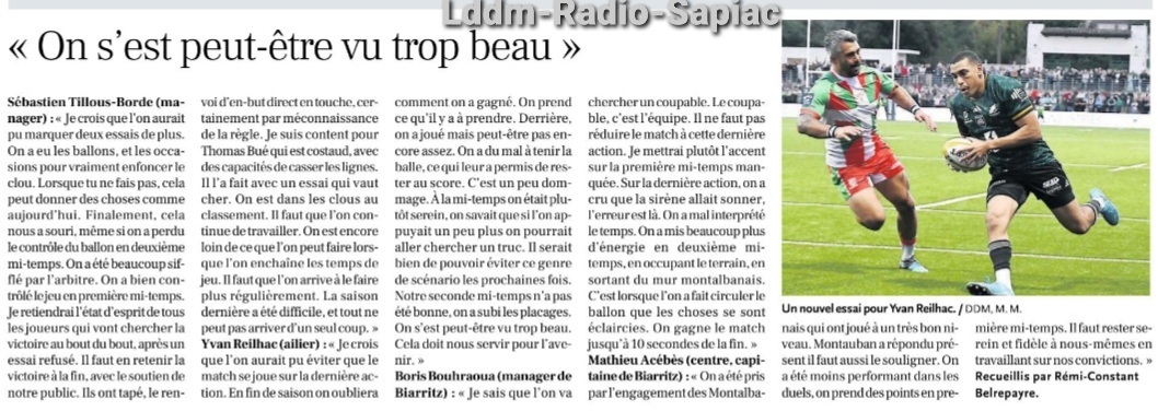 INFOS ce SAMEDI 21 SEPTEMBRE (Matinée) > Pro D2 – J4 - RÉSULTAT > Hier soir à Sapiac > USM 29 - 26 BIARRITZ (Bd) > ACTUS USM <> L'ANALYSE et la FICHE TECHNIQUE du MATCH de RADIO SAPIAC <> Retrouvez Les RÉSULTATS, le CLASSEMENT  8r81sh