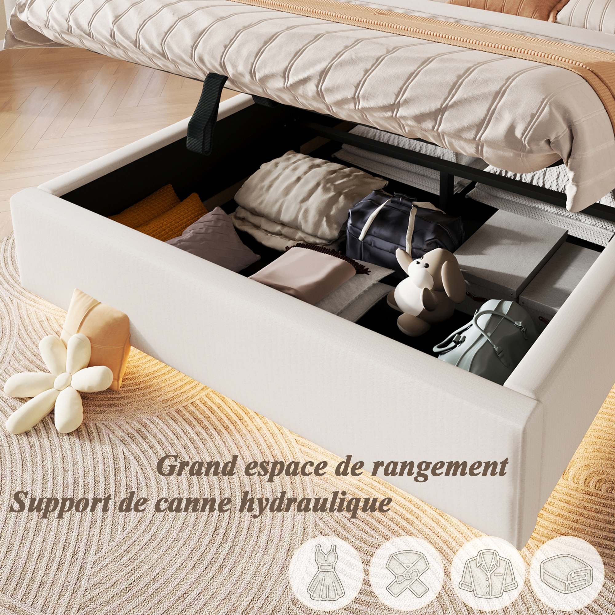 Grand coffre de rangement sous le lit avec ouverture hydraulique