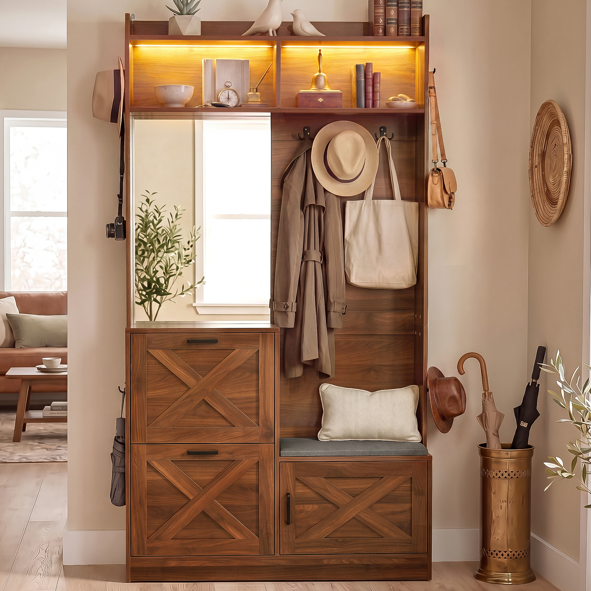 Meuble d'entrée multifonction marron avec miroir banquette patères et rangement à chaussures