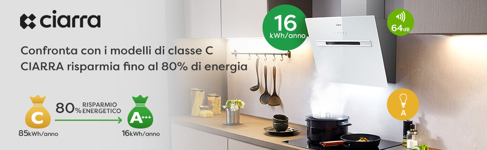CIARRA Cappa Aspirante Controllo WiFi APP CD6736GS - Bianco, 3 Velocità, 750 M³/h, Controllo APP, 60 Cm, Filtro In Alluminio, Facile Da Pulire 12 CAPPA ASPIRANTE CLASE A+++