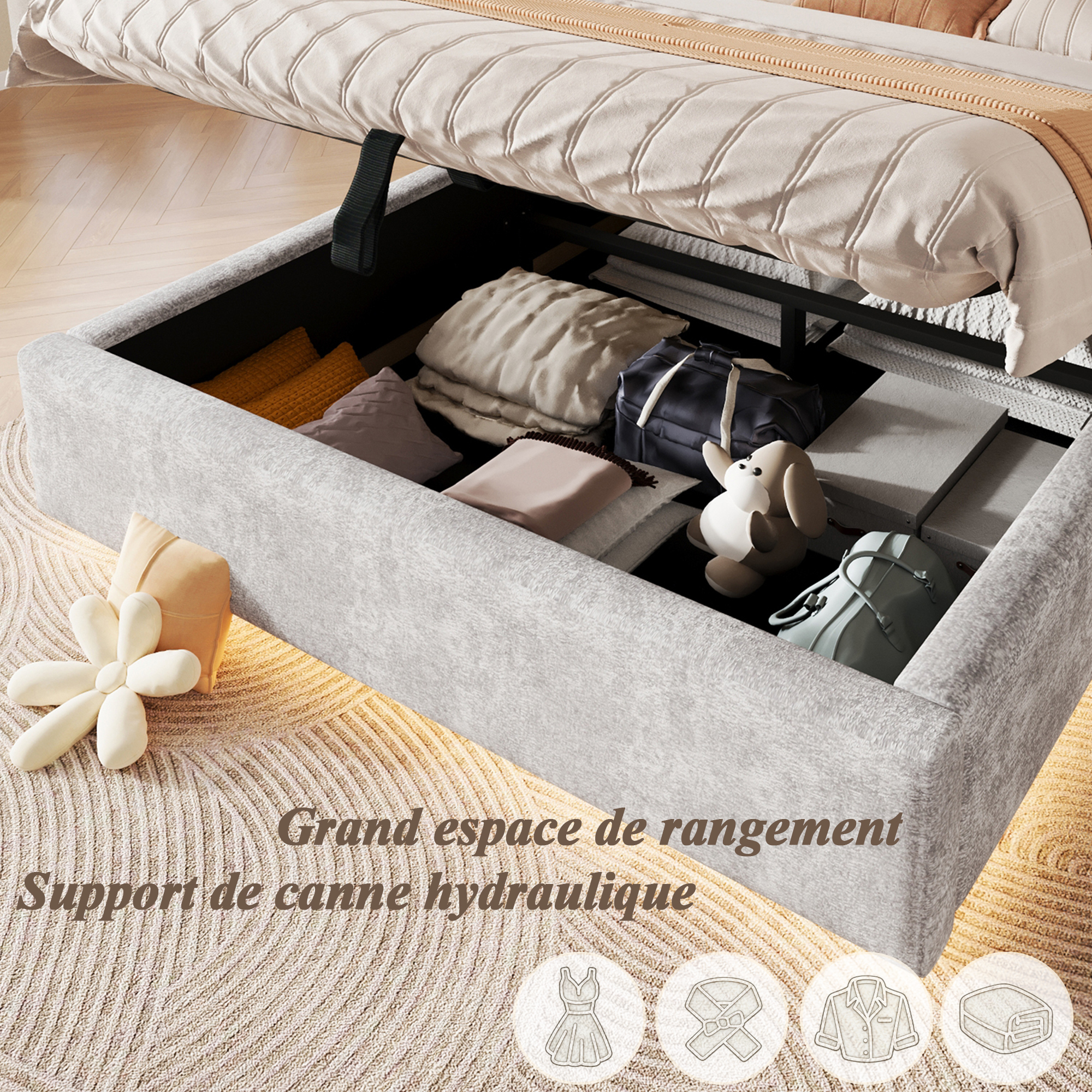Grand coffre de rangement sous le lit avec sommier relevable