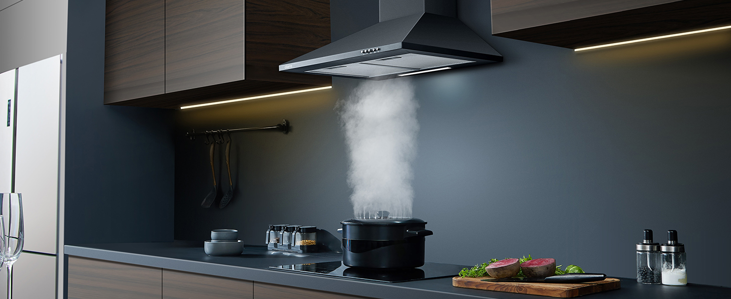 CIARRA Hotte Murale 60cm 370m3/h 2pcs Filtre Actif Recyclage Ou Evacuation 3 Vitesses Eclairage Led Noir 201BK60 Noir 13 ciarra hotte noire 60cm