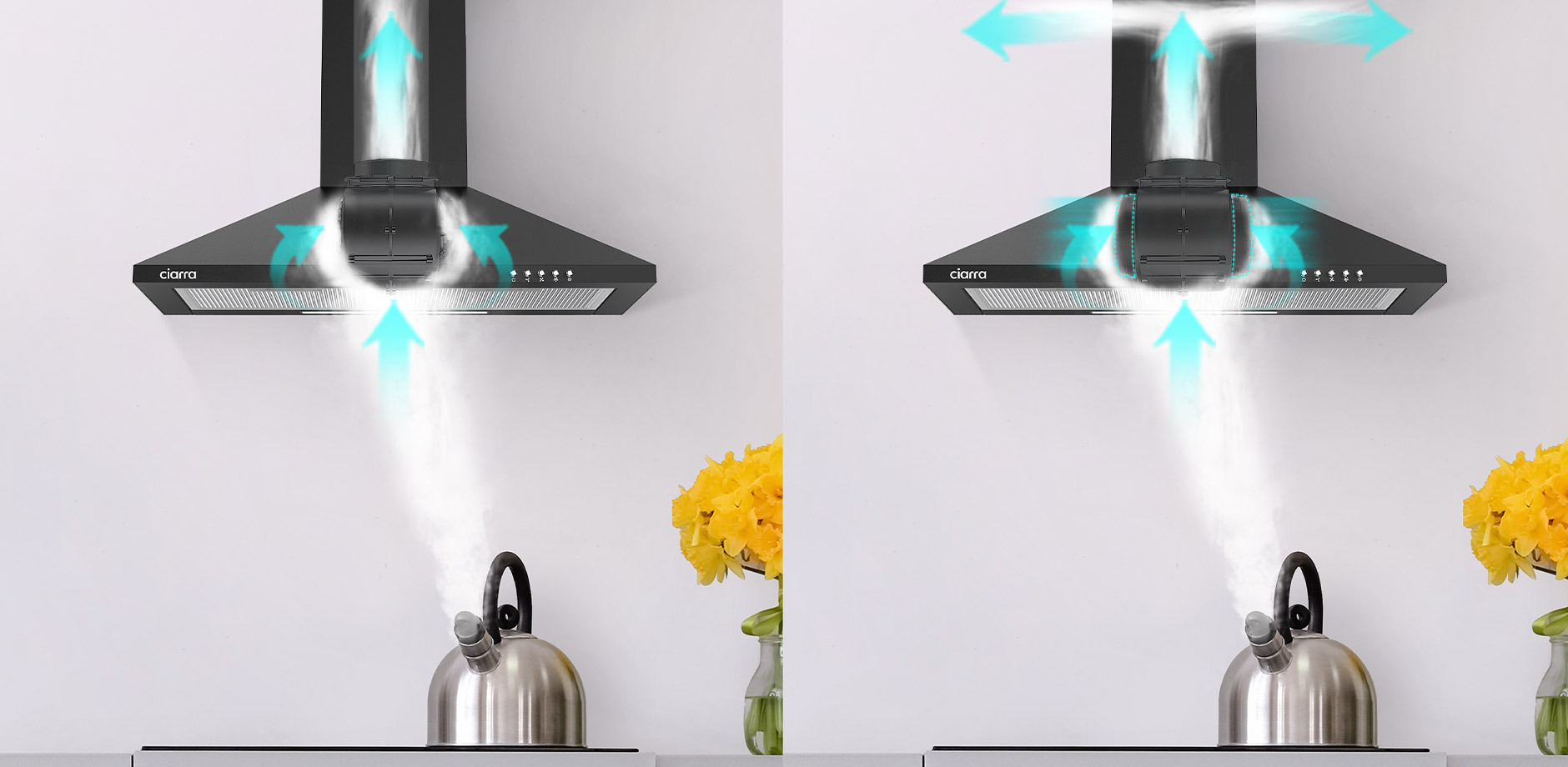 CIARRA Hotte Murale 60cm 370m3/h 2pcs Filtre Actif Recyclage Ou Evacuation 3 Vitesses Eclairage Led Noir 201BK60 Noir 14 hotte noire ciarra