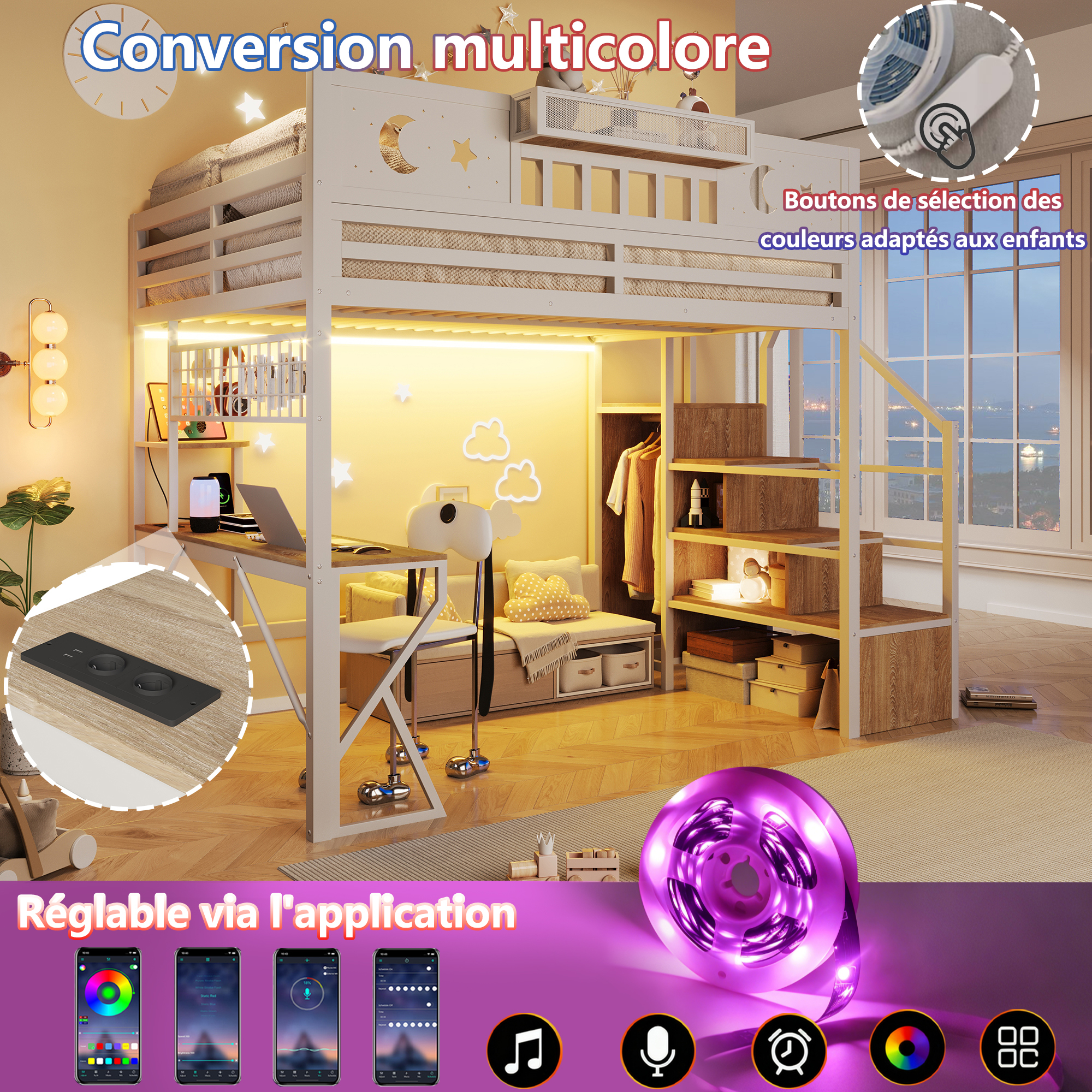 Éclairage LED multicolore intégré au lit mezzanine blanc