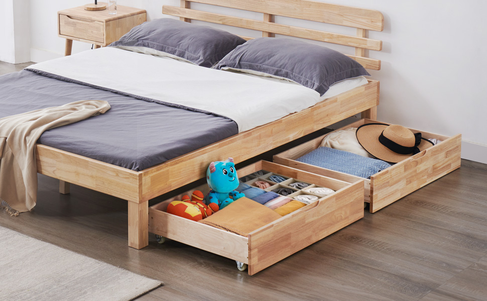 Lot de 2 Tiroirs de Lit Bois d’Hévéa Massif Naturel Minimaliste