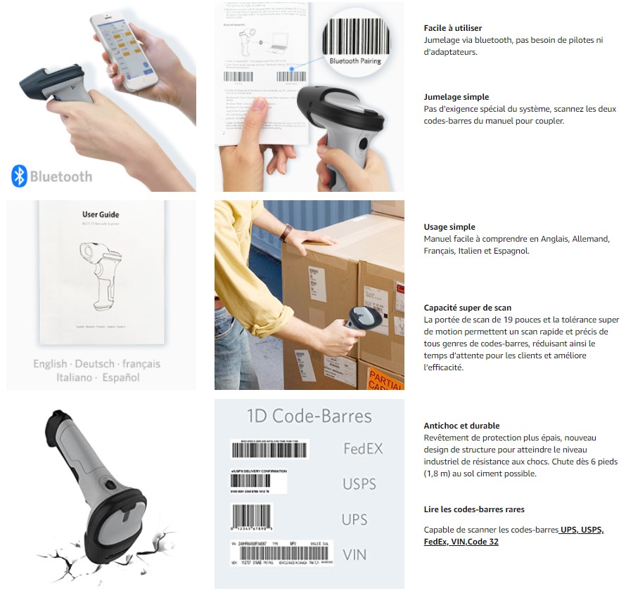 Inateck Scanner de Codesbarres Bluetooth Sans fil avec Support de