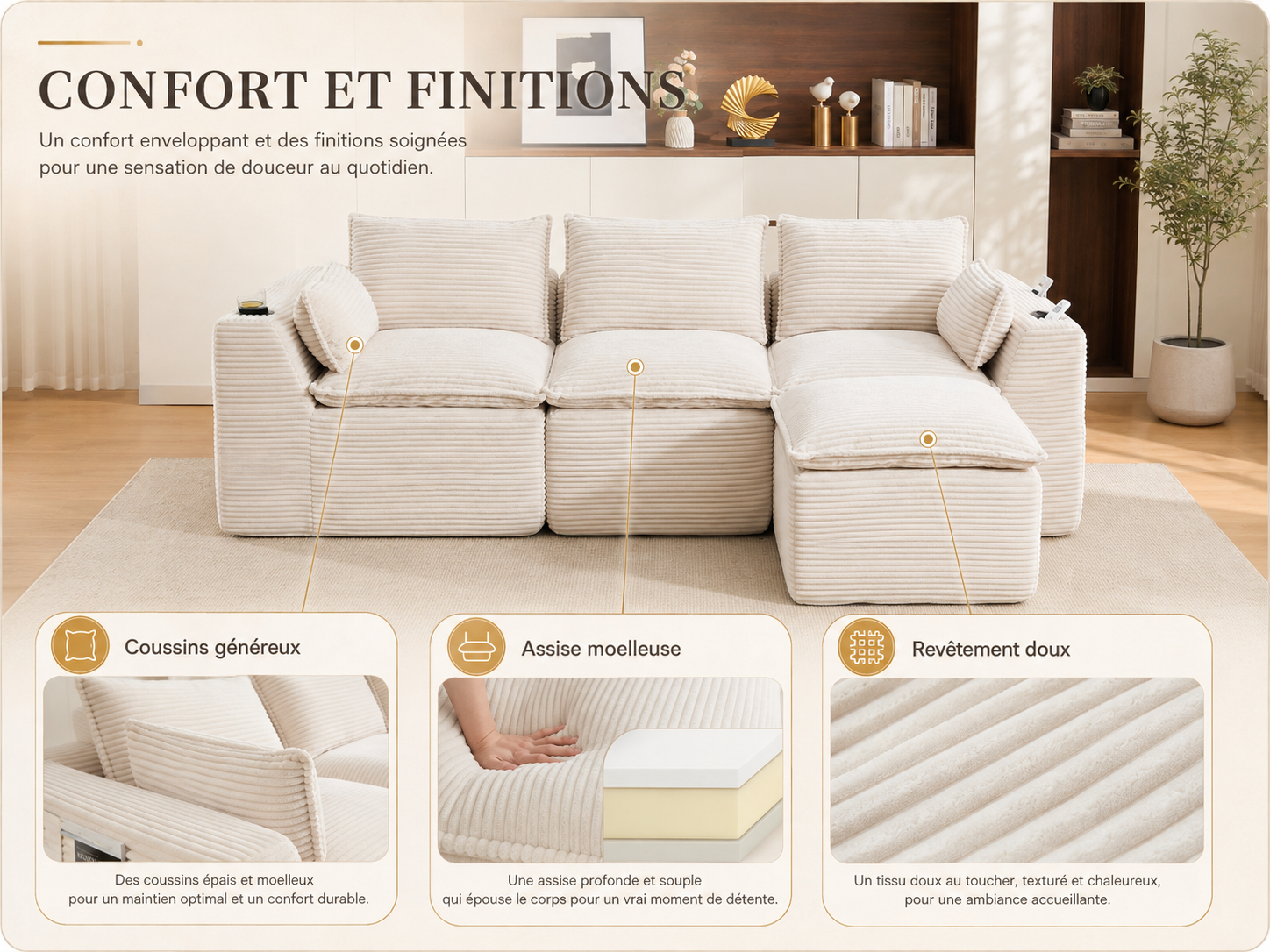 Revêtement en velours côtelé avec coussins assortis pour plus de confort