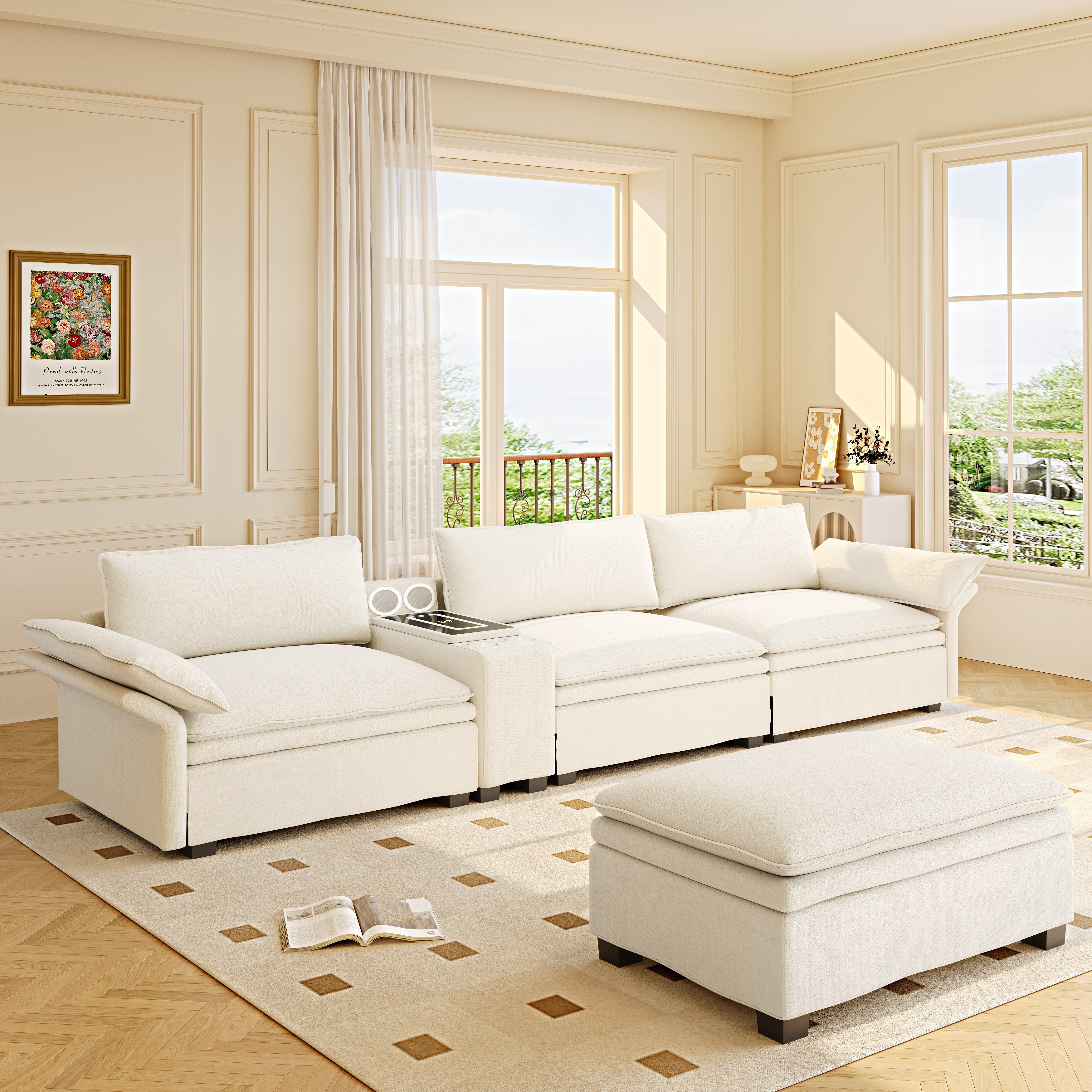 Canapé d'angle modulable en chenille cloud de 315 cm avec espace de rangement