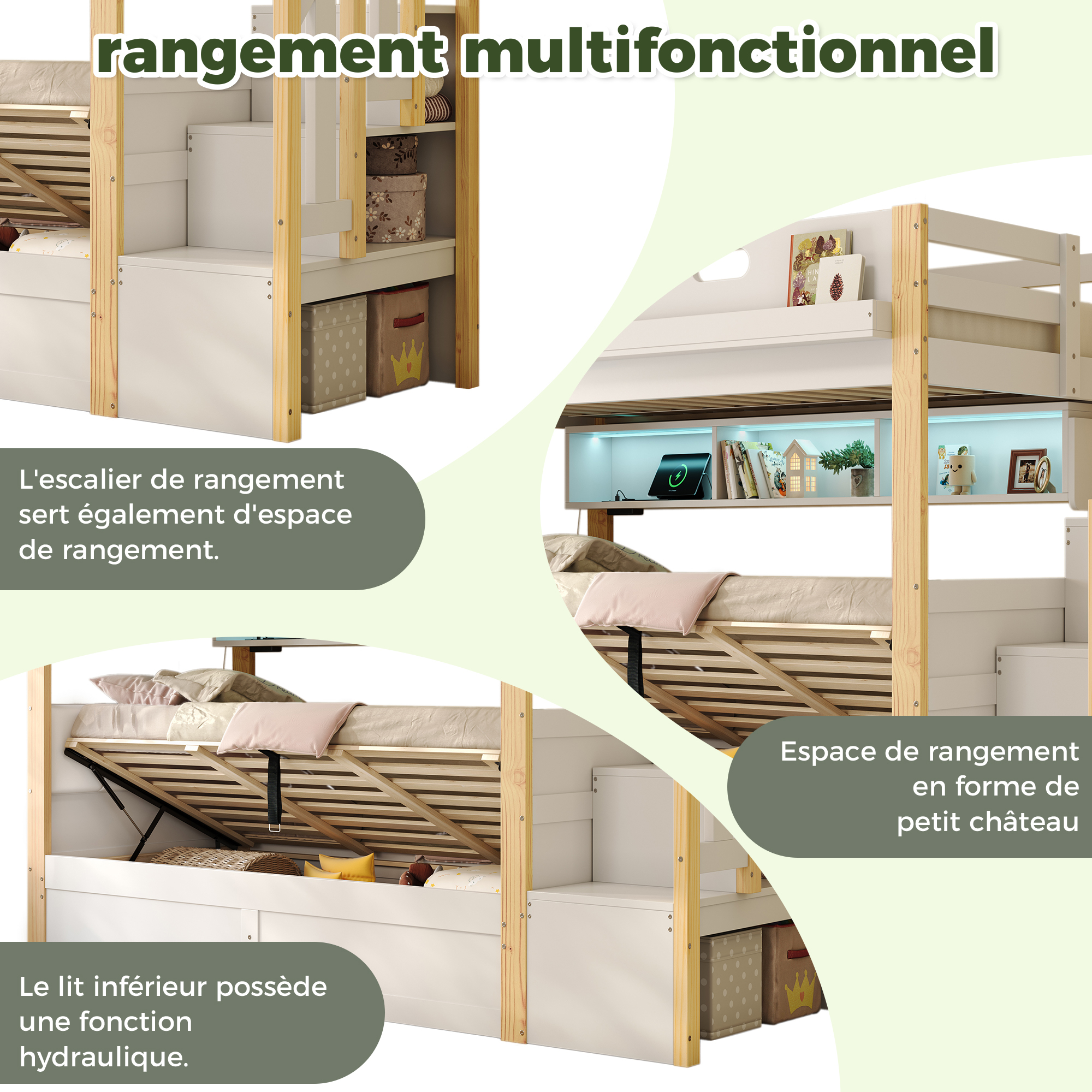 Lit superposé avec escalier de rangement, étagères et espace hydraulique sous le lit
