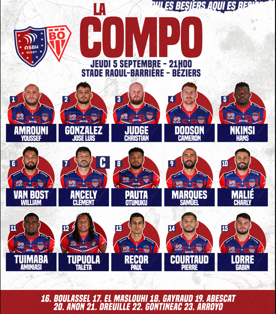 INFOS ce VENDREDI 06 SEPTEMBRE (Matinée) > Pro D2 - 2ÈME J > Jour de Match à Sapiac > USM / MONT de MARSAN ce soir 19H30 Stade de Sapiac > Les COMPOS <> RÉSULTAT > En Match d'ouverture > (Bd) BÉZIERS 19 - 23 BIARRITZ > Le CLASSEMENT PROVISOIRE   B07z88