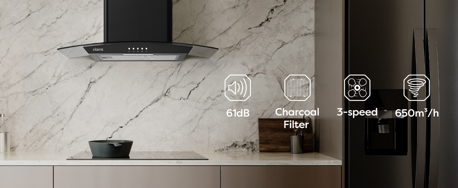 CIARRA 60cm Glass Cooker Hood With Carbon Filter 650m3/h Class A Curved Cooker Hood Black -506BK60 10 glass cooker hood