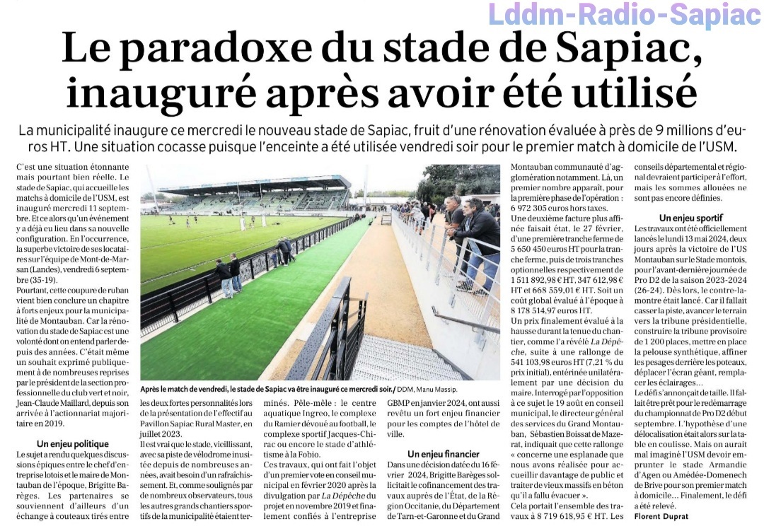 INFOS ce MERCREDI 11 SEPTEMBRE (Matinée) > Pro D2 3ÈME JOURNÉE > J –2 du match > PROVENCE RUGBY / USM ce Vendredi 19H30 Stade Maurice David <> PLANNING USM <> Du CÔTÉ de SAPIAC <> INAUGURATION du Stade SAPIAC <> ACTUS Pro D2 B51roe