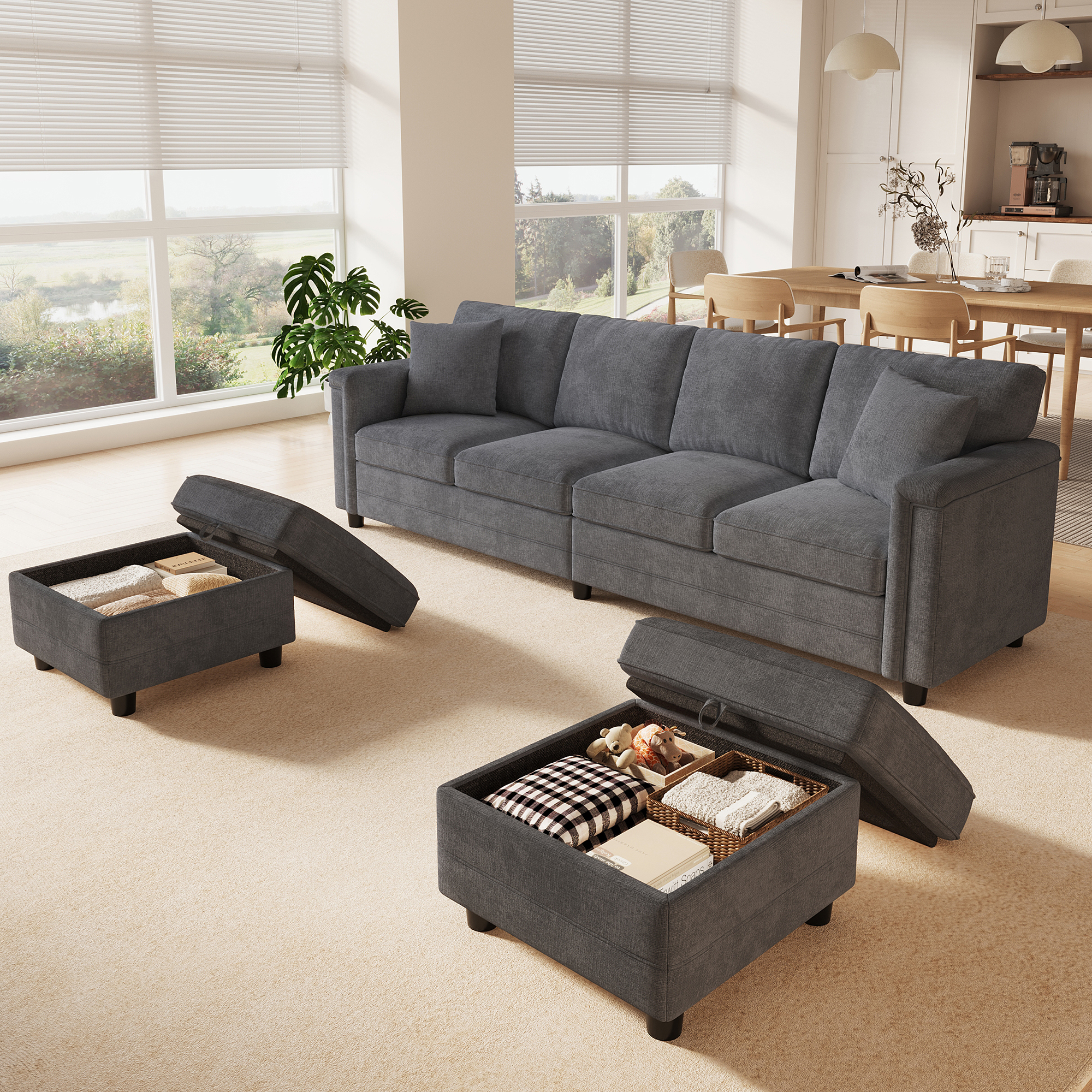 Poufs gris avec coffres de rangement intégrés