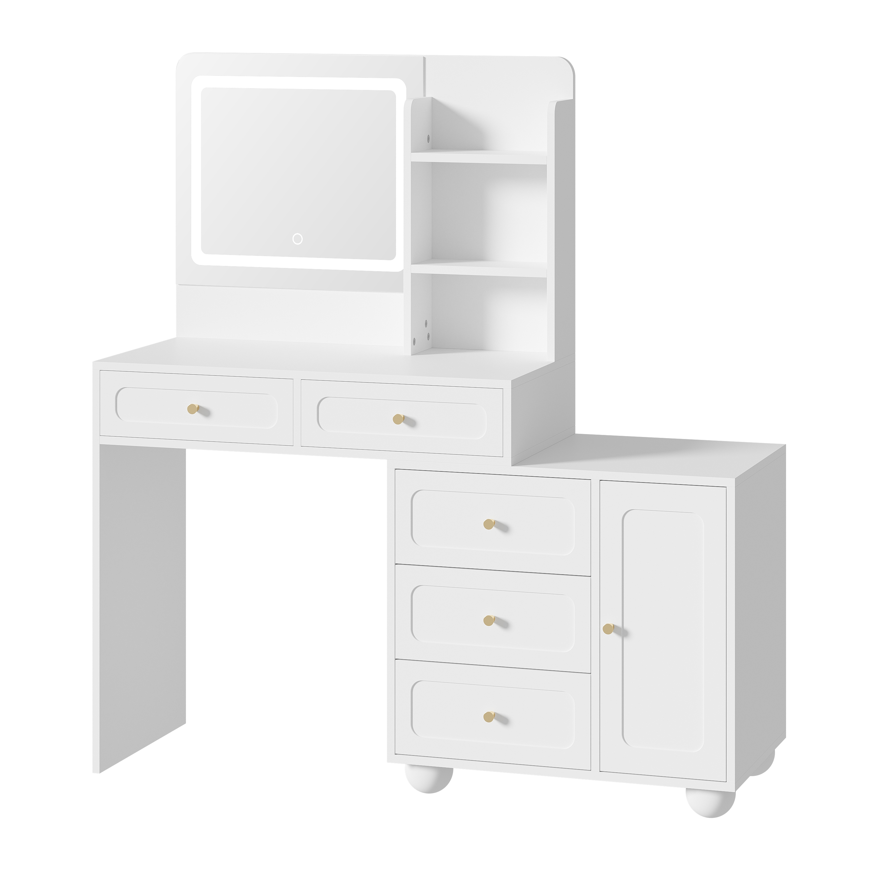 Niches ouvertes tiroirs et placard de rangement de la coiffeuse blanche