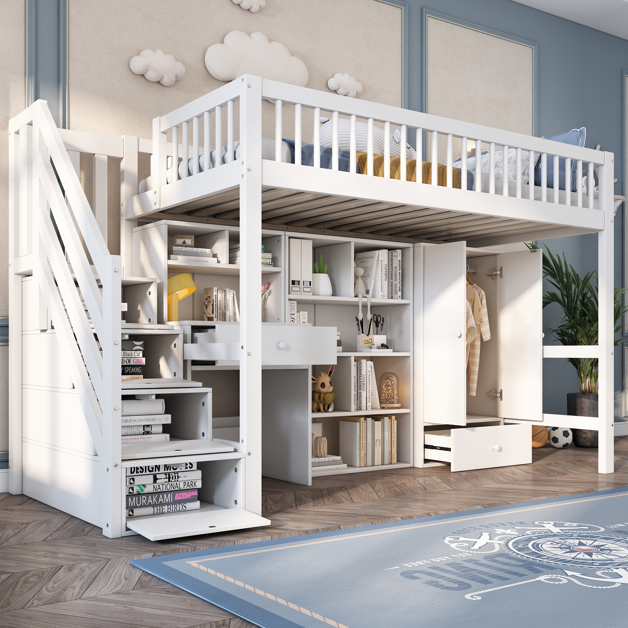 Lit mezzanine blanc avec escalier de rangement, bureau, étagères, tiroirs et armoire