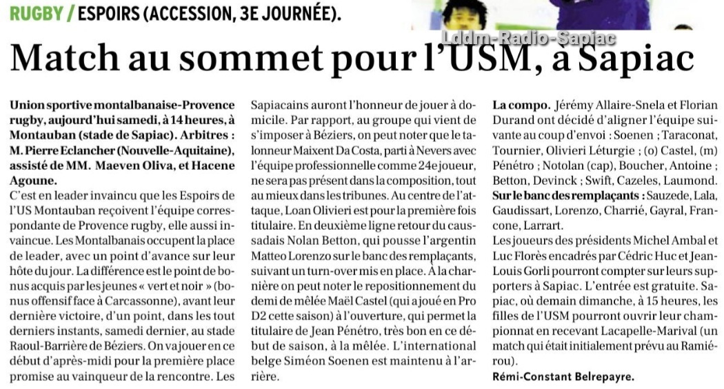 INFOS ce SAMEDI 28 SEPTEMBRE (Matinée) > Pro D2 – J5 > RÉSULTAT > Hier soir au stade du pré fleuri > (Bd) NEVERS 13 - 16 USM <> Retrouvez les RÉSULTATS et le CLASSEMENT <> ESPOIRS REICHEL USM > Cet après-midi 14H stade de Sapiac > USM / AIX EN PROVENCE Biamfo