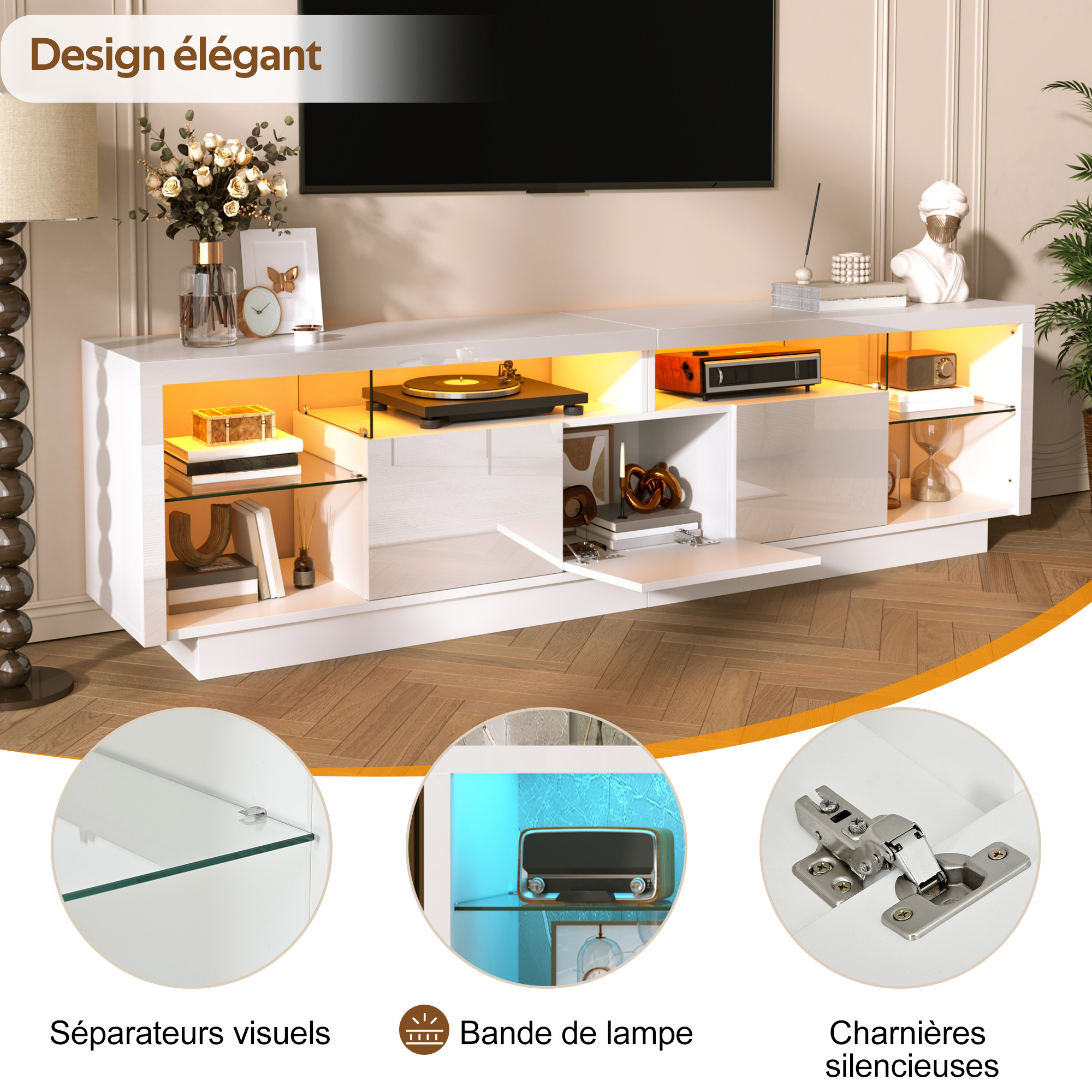 Éclairage LED multicolore du meuble TV blanc