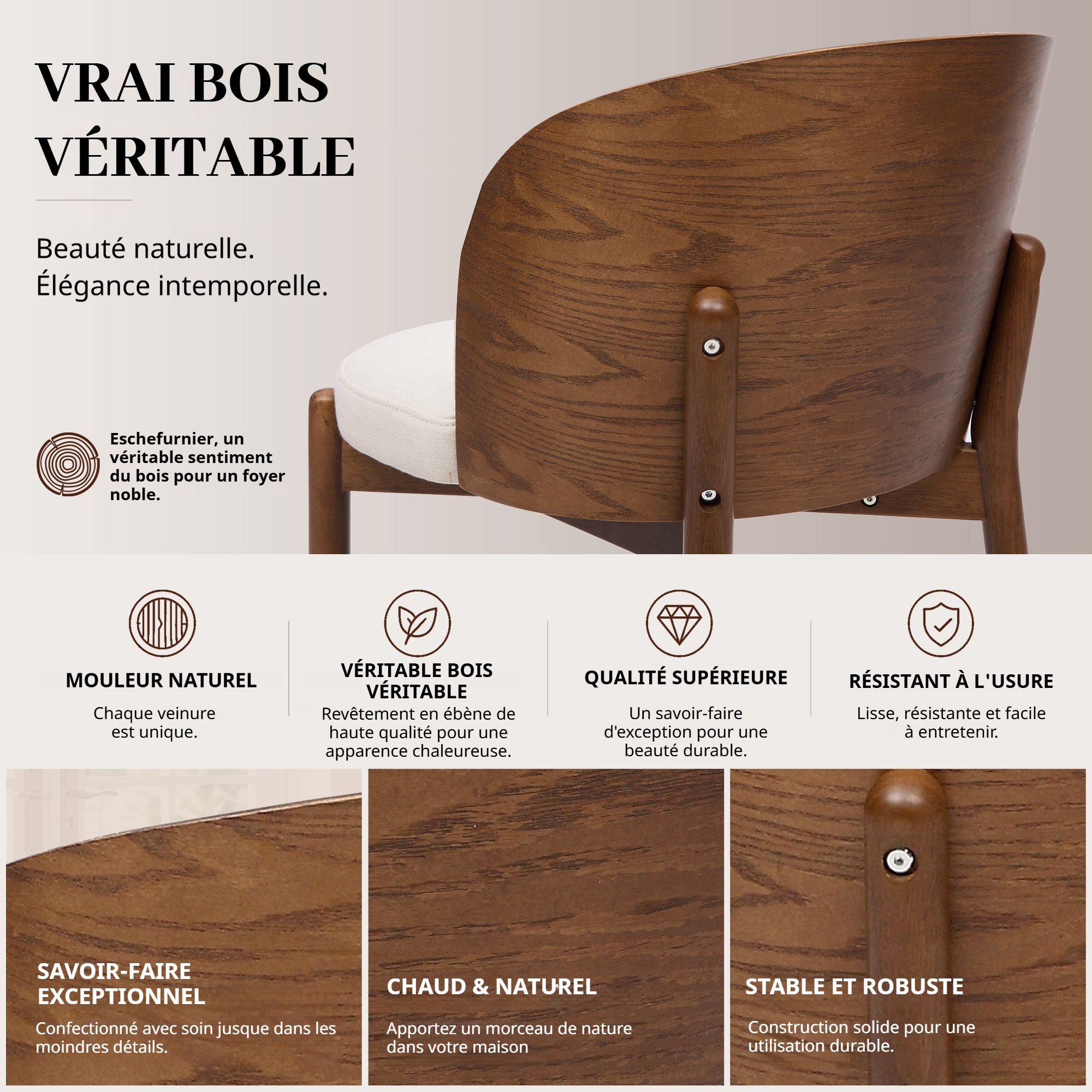 Détail du placage de frêne finition noyer au dos de la chaise