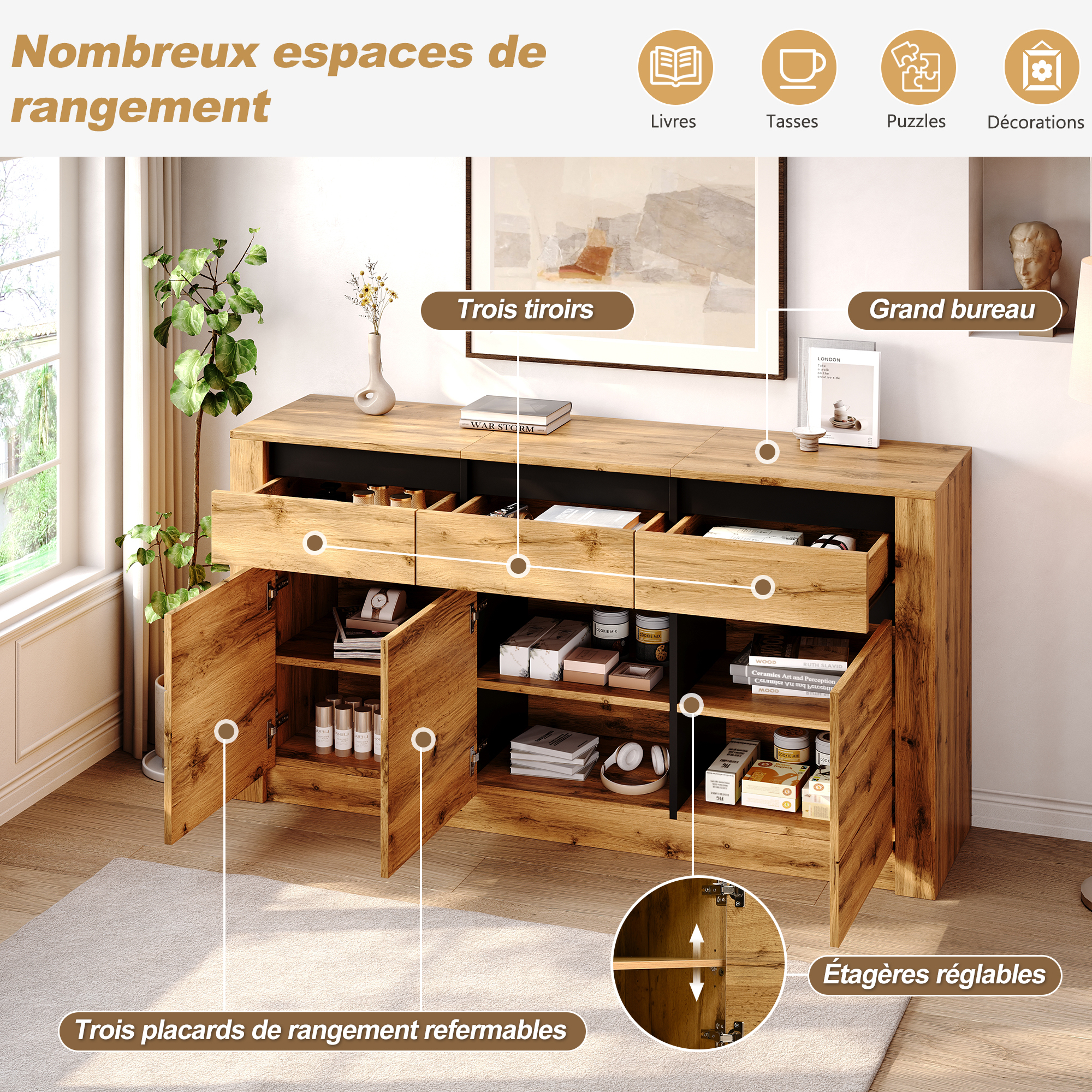 Agencement intérieur avec tiroirs et étagères réglables