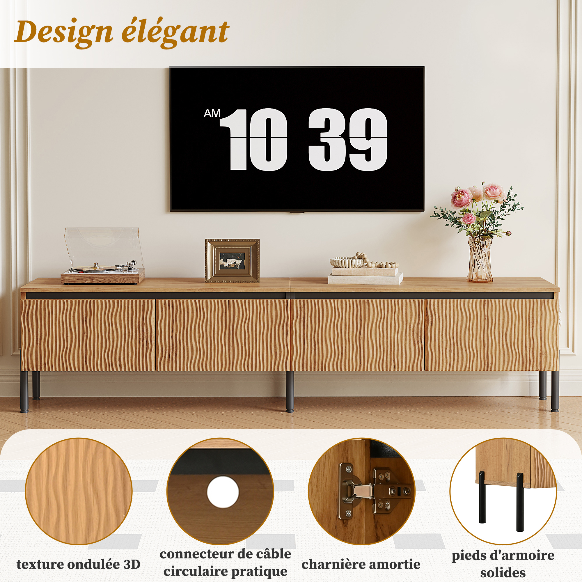 Meuble TV 180 cm effet bois naturel avec façades ondulées et pieds noirs