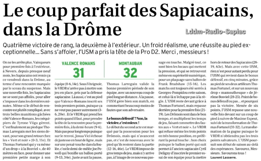 INFOS ce SAMEDI 19 OCTOBRE (Matinée) > Pro D2 - J7 > RÉSULTAT hier soir au stade Georges Pompidou > (Bd) VALENCE ROMANS 31- 32 USM > ACTUS USM <> Les RÉSULTATS > Le CLASSEMENT <> ESPOIRS – J5 > Cet après-midi 15H à Sapiac > USM / TARBES - La COMPO Cjle4x