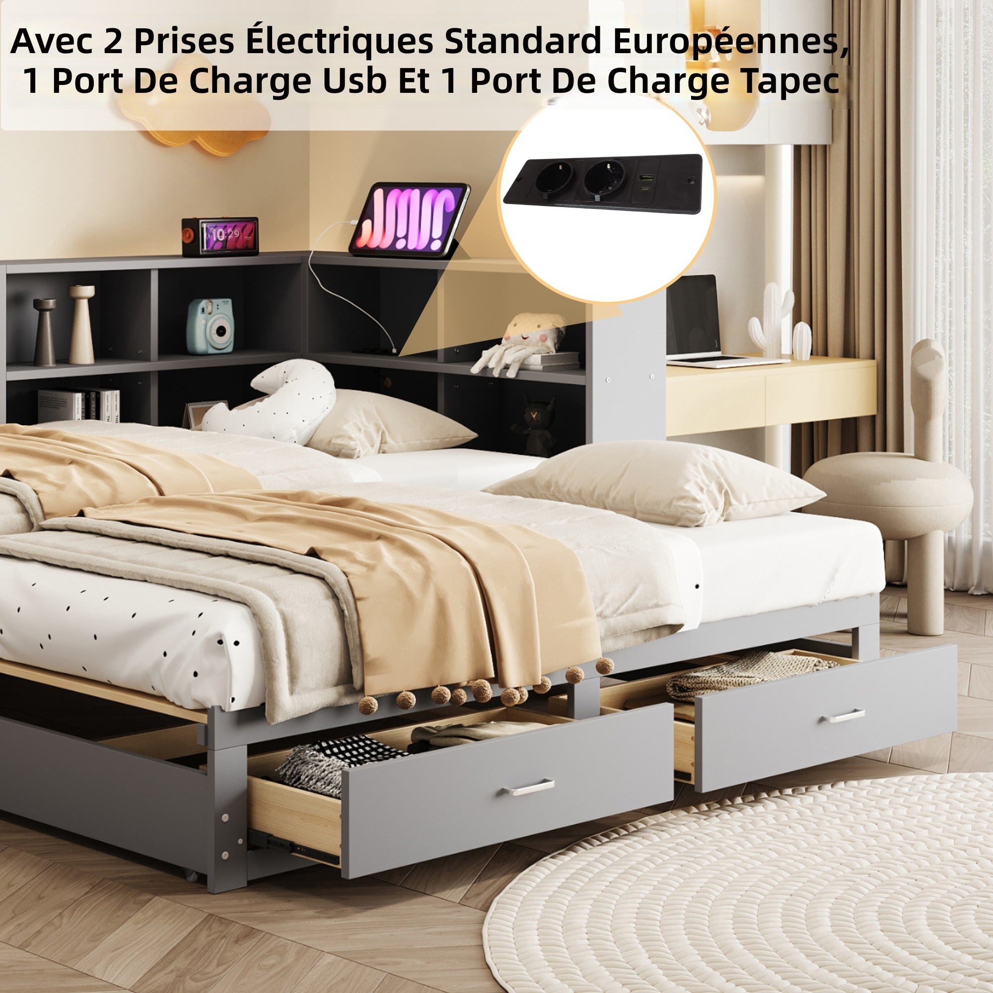 Prise électrique multifonctionnelle intégrée à la tête de lit