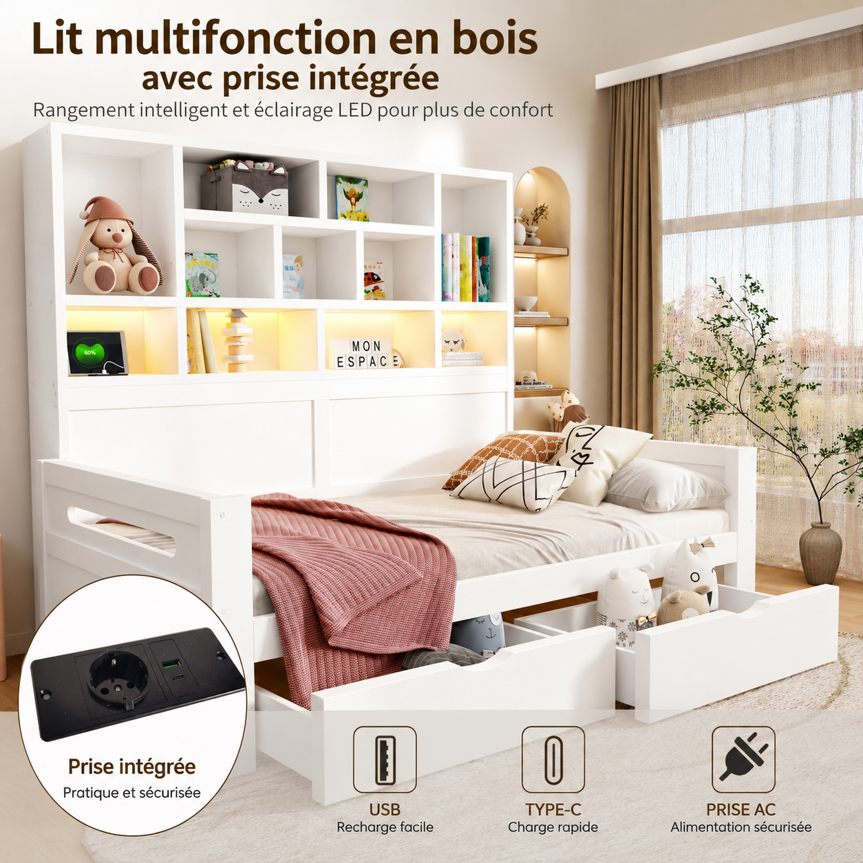 Prise secteur, port USB et Type-C intégrés