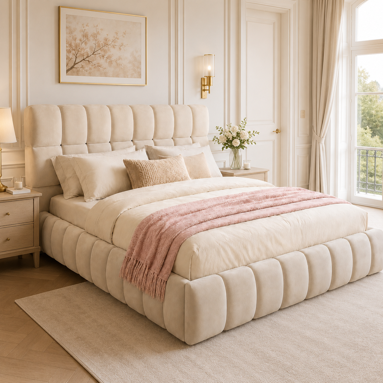 Lit capitonné 140x190 cm beige en velours