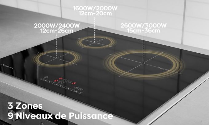 CIARRA CD3BBIH Plaque Induction 3 Foyers - Boosters - 6200W - Commandes Sensitives - 9 Niveaux - Minuteur - L 59cm 14 ciarra plaque induction encastrable