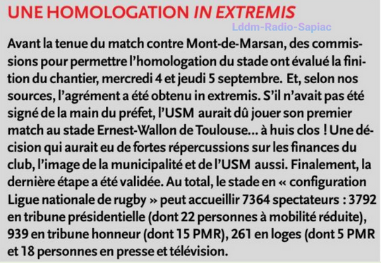 INFOS ce MERCREDI 11 SEPTEMBRE (Matinée) > Pro D2 3ÈME JOURNÉE > J –2 du match > PROVENCE RUGBY / USM ce Vendredi 19H30 Stade Maurice David <> PLANNING USM <> Du CÔTÉ de SAPIAC <> INAUGURATION du Stade SAPIAC <> ACTUS Pro D2 D5mdpl