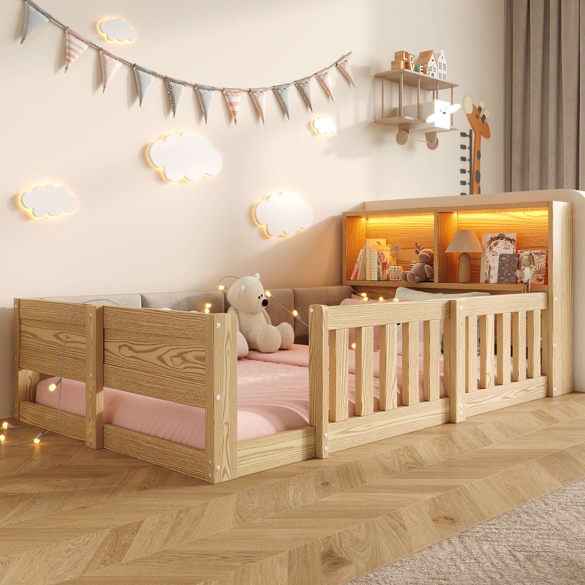 Lit enfant bas 90 x 200 cm finition naturelle avec barrières