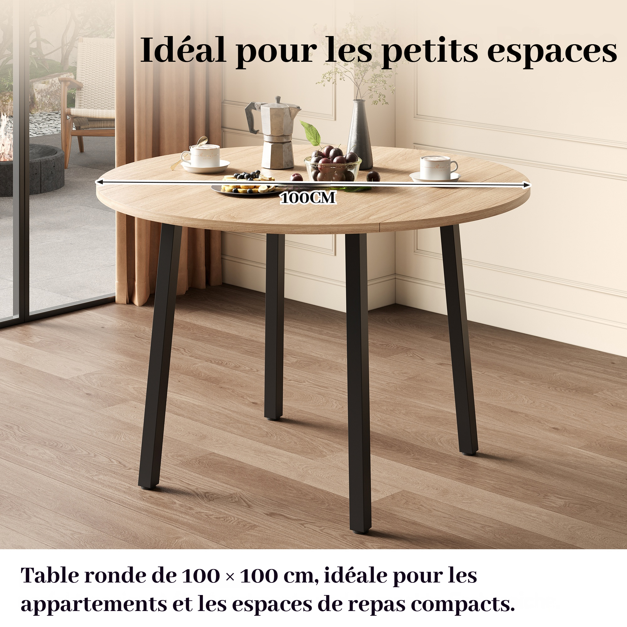 Table ronde ouverte de 100 x 100 cm adaptée aux petits espaces