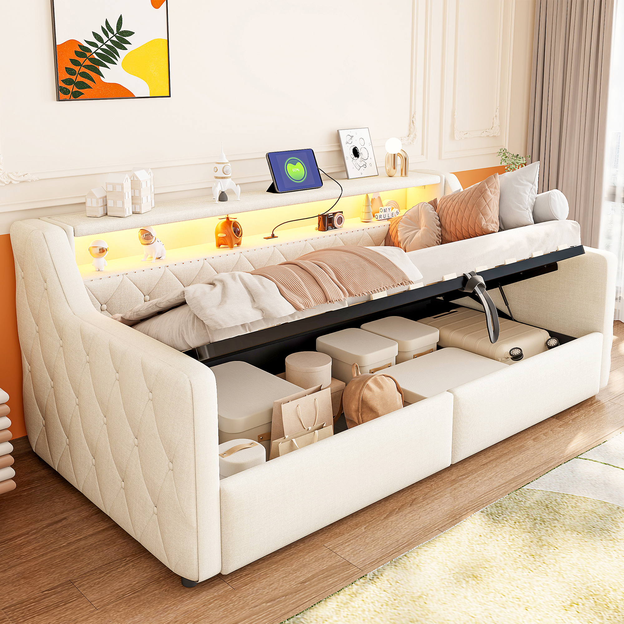 Tablette arrière et coffre de rangement du lit banquette