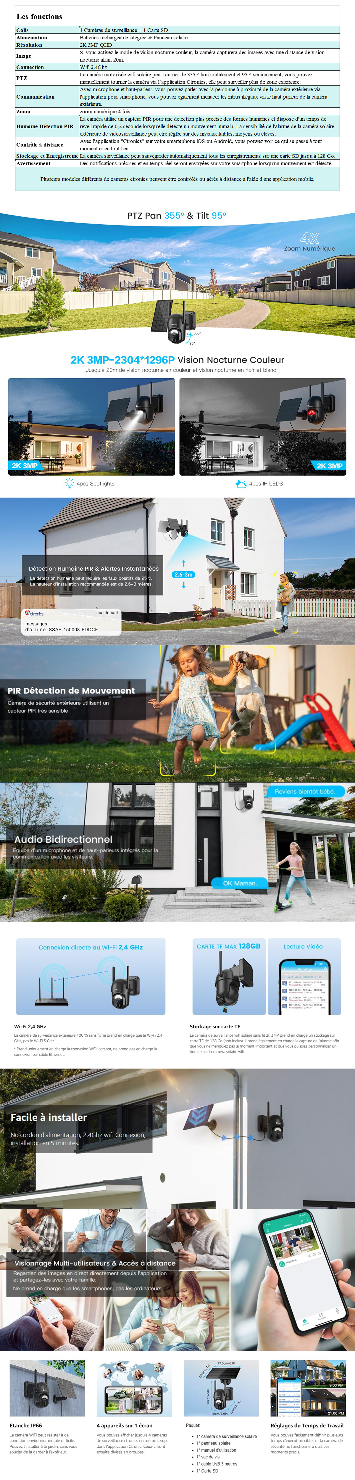Caméra Surveillance Solaire WiFi Ctronics Double Objectif - Batterie 9800mAh + Panneau 6W - Détection Humaine PIR - Alarme Son/lumière - 6