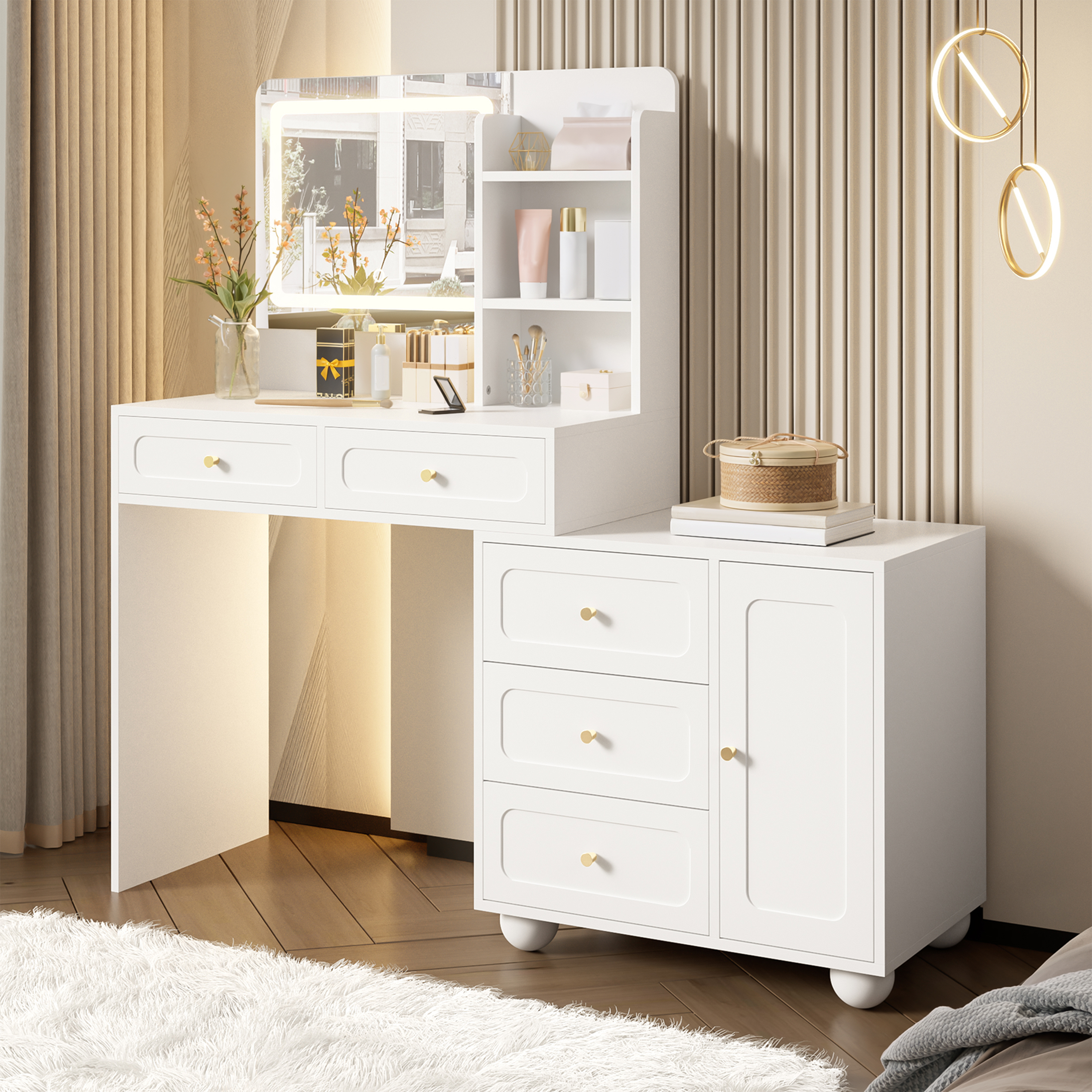Coiffeuse blanche avec cinq tiroirs placard et niches de rangement